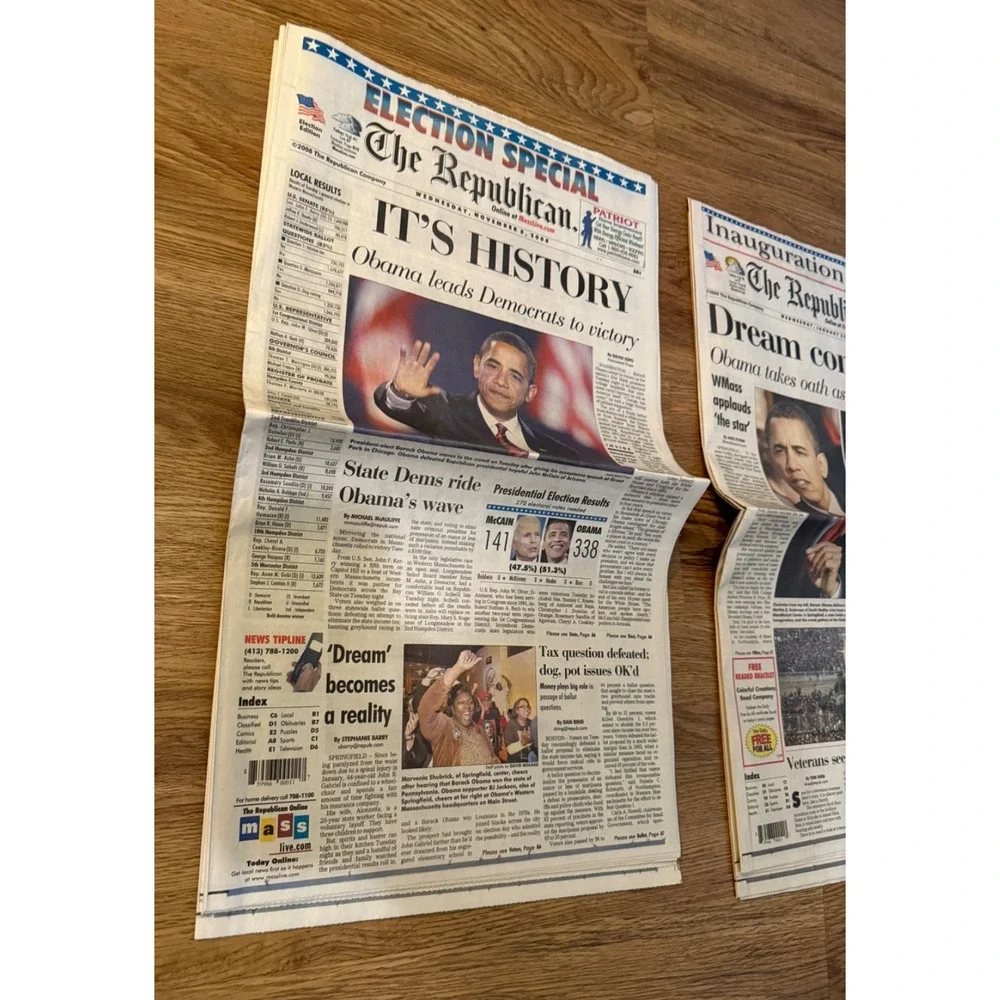 📰🇺🇸 Lot of 2 Historic Obama Newspapers | Election & Inauguration | 2008–2009